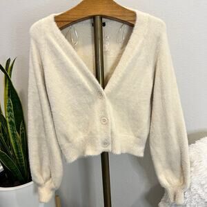 Tally WeiJL Super Soft Cream Cardigan Sweater Balloon Sleeves V Neck Size L